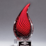 7 1/2" Red Teardrop Art Glass on Clear Glass Base with Black Laserable Aluminum Plate
