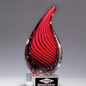 7 1/2" Red Teardrop Art Glass on Clear Glass Base with Black Laserable Aluminum Plate