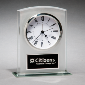 5" x 6 1/4" Glass Clock with Frosted Top, Polished Edge and Base with Black Plate