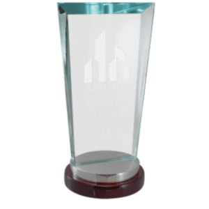 4 1/4" x 9 3/4" Premium Series Clear Glass Award with Rosewood and Aluminum Base