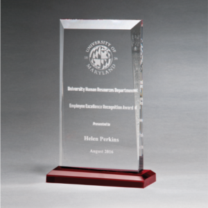 5 1/2" x 8 3/4" Apex Series Clear Acrylic Award with Red Highlights and Red Base
