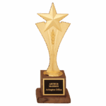 3 1/2" x 10" Modern Goldtone Star Casting on a Walnut Finish Base with Laserable Black Brass Plate