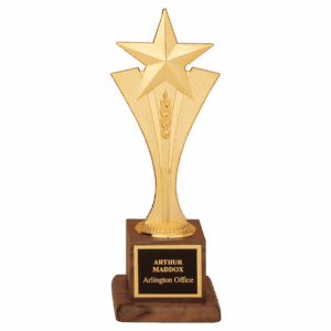 3 1/2" x 10" Modern Goldtone Star Casting on a Walnut Finish Base with Laserable Black Brass Plate