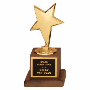 3 1/2" x 6 3/4" Modern Star Casting in Goldtone Finish on Walnut Finish Base with Black Laserable Plate