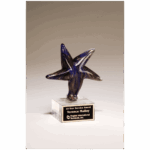 6 7/8" Blue Star Art Glass with Gold Metallic Highlights on Clear Glass Base and Black Laserable Aluminum Plate