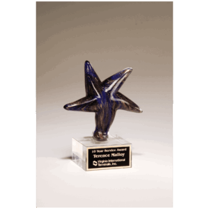6 7/8" Blue Star Art Glass with Gold Metallic Highlights on Clear Glass Base and Black Laserable Aluminum Plate