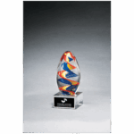 6" Colorful Egg Shaped Art Glass on Clear Glass Base with Black Laserable Aluminum Plate