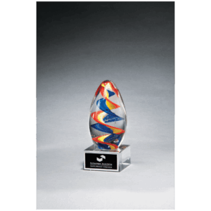 6" Colorful Egg Shaped Art Glass on Clear Glass Base with Black Laserable Aluminum Plate