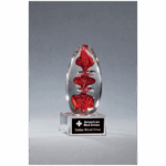 5 1/4" Red Egg Shaped Art Glass on Clear Glass Base with Black Laserable Aluminum Plate