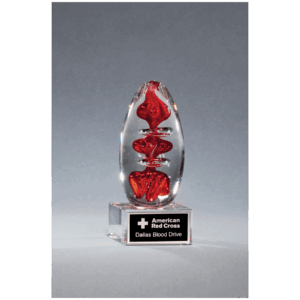 5 1/4" Red Egg Shaped Art Glass on Clear Glass Base with Black Laserable Aluminum Plate