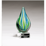 8" Blue and Green Teardrop Art Glass on Clear Glass Base with Black Laserable Aluminum Plate