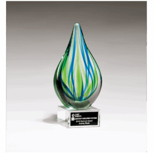 8" Blue and Green Teardrop Art Glass on Clear Glass Base with Black Laserable Aluminum Plate