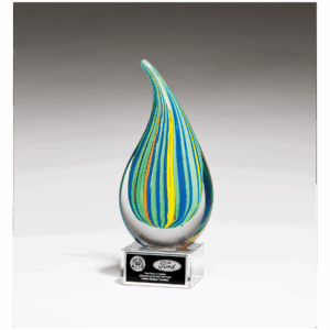 8 1/4" Multi-Colored Teardrop Art Glass on Clear Glass Base with Black Laserable Aluminum Plate