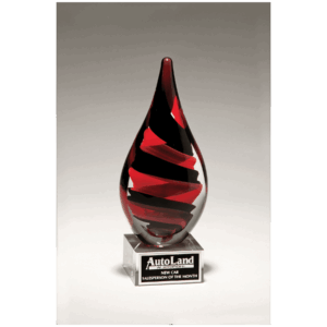 8" Black and Red Helix Teardrop on Clear Glass Base with Black Laserable Aluminum Plate