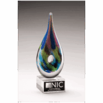 9 7/8" Multi-Colored Teardrop Art Glass on Clear Glass Base with Black Laserable Aluminum Plate