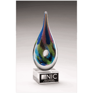 9 7/8" Multi-Colored Teardrop Art Glass on Clear Glass Base with Black Laserable Aluminum Plate