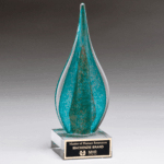 11 1/2" Teal/Green Teardrop with Gold Metallic Accent on Clear Glass Base with Black Laser Aluminum Plate