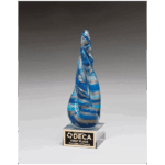 8 3/4" Twist Blue & Teal Art Glass with Gold Metallic Accent on Clear Glass Base and Black Laser Aluminum Plate