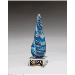 8 3/4" Twist Blue & Teal Art Glass with Gold Metallic Accent on Clear Glass Base and Black Laser Aluminum Plate