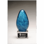 6 1/4" Blue and Green Egg Shaped Art Glass on Clear Glass Base with Black Laserable Aluminum Plate