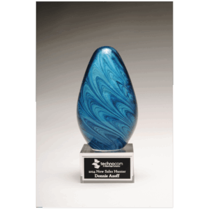 6 1/4" Blue and Green Egg Shaped Art Glass on Clear Glass Base with Black Laserable Aluminum Plate