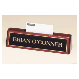 8 1/4" x 2" x 1 1/4" Rosewood Piano Finish Nameplate with Business Card Holder with Black Plate