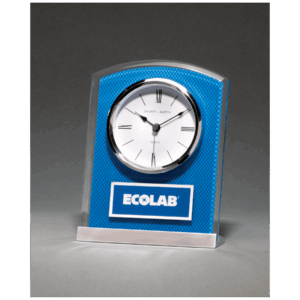 5" x 6 1/2" Glass Clock with Blue Carbon Fiber Design on Aluminum Base and Laser Engravable Plate