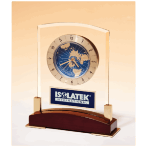 6" x 7 3/4" Glass Clock with World Time Dial on Piano Finish Base, Blue Aluminm Plate