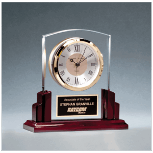 6 5/8" x 6 1/2" Glass Clock with Rosewood High Gloss Base, Black Aluminum Plate