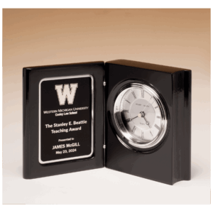 5 3/8" x 4 1/4" Black Piano Finish Book Clock with Diamond Spun Dial, 3 Hand Movement, Black Plate