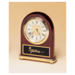 4" x 5" Rosewood Arch Piano Finish Clock, Brass Base, Diamond Spun Dial, 3 Hand Movement with Black Laserable Plate