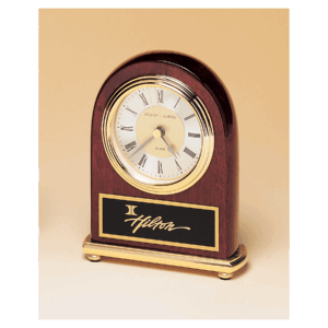 4" x 5" Rosewood Arch Piano Finish Clock, Brass Base, Diamond Spun Dial, 3 Hand Movement with Black Laserable Plate