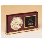 4" x 7 5/8" Rosewood Piano Finish Clock, Brass Base, Diamond Spun Dial, 3 Hand Movement with Black Laserable Plate