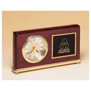4" x 7 5/8" Rosewood Piano Finish Clock, Brass Base, Diamond Spun Dial, 3 Hand Movement with Black Laserable Plate
