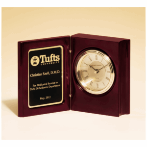 5 3/8" x 4 1/4" Rosewood Piano Finish Book Clock w/Diamond Spun Dial, 3 Hand Movement, Plate