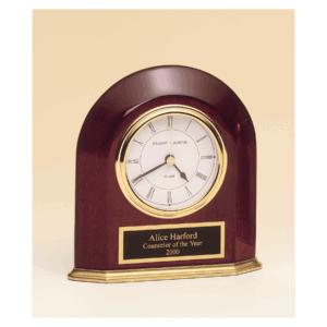 5 5/8" x 5 7/8" Rosewood Piano Finish Arched Table Clock with Solid Brass Base with Black Plate