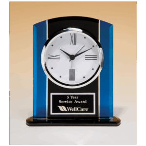 5 1/4" x 6 1/4" Black & Blue Glass Clock, Silver Bezel, Three Hand Movement with Black Plate