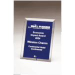 Clear Glass Plaque with Painted Blue Background with a Silver Plated Easel Post