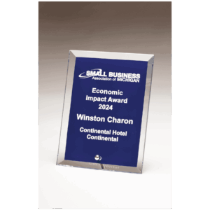 Clear Glass Plaque with Painted Blue Background with a Silver Plated Easel Post