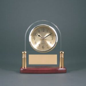 6 1/2" Arch Glass Desk Clock with Metal Posts & Rosewood Piano Finish