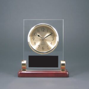 6 1/2" Rectangle Glass Desk Clock with Metal Posts & Rosewood Piano Finish